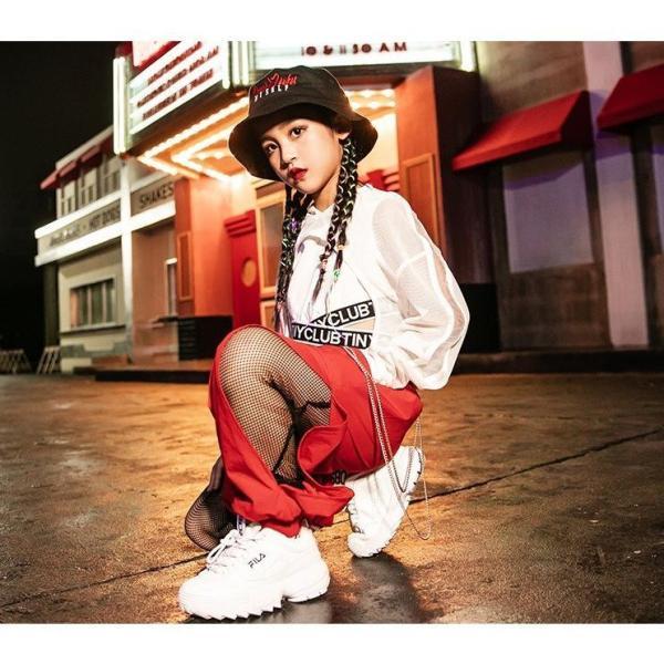 キッズ ヒップホップ ファッション ダンス衣装 派手 K-POP 韓国 セットアップ 白 赤