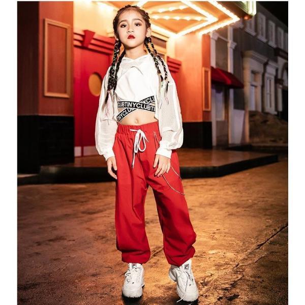 キッズ ヒップホップ ファッション ダンス衣装 派手 K-POP 韓国 セットアップ 白 赤