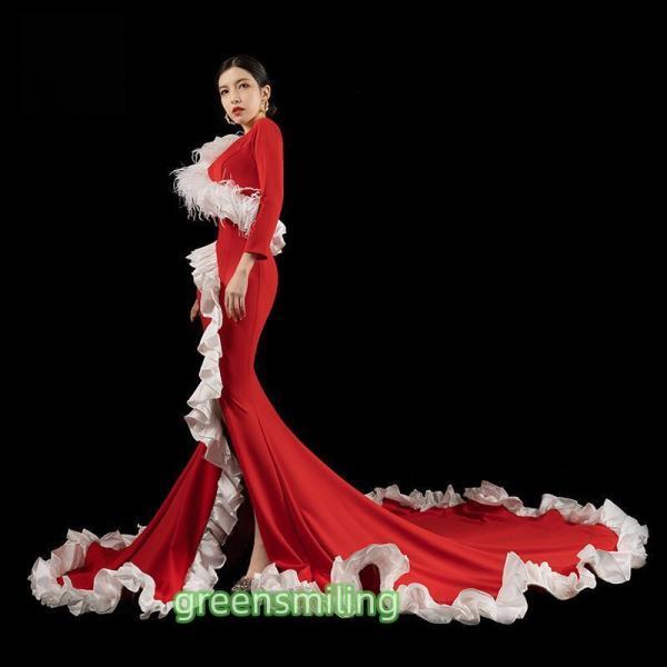 美品、赤いフリルフォーマルドレス カラードレス レッド 長袖 フリル パーティードレス フォーマル 赤