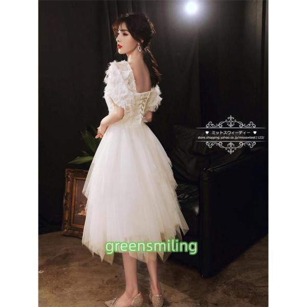 カラードレス 編み上げ パーティードレス フォーマルドレス ミディアムドレス ミニドレス 結婚式 二次会 披露宴 発表会 演奏会 ホワイト ふわふわ 半袖 フリル