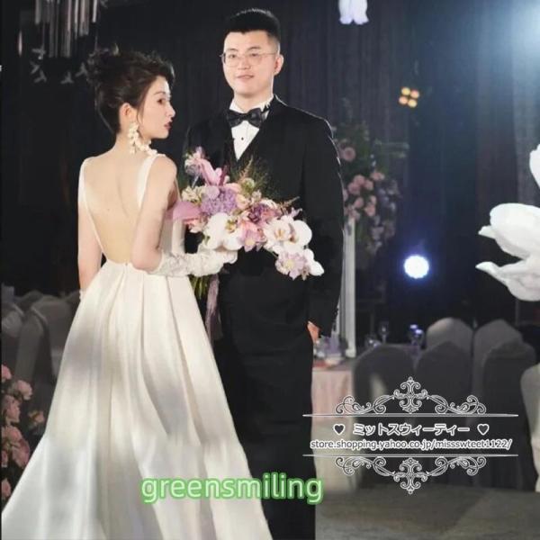 ウェディングドレス 二次会 結婚式 オフホワイト サテン Aライン