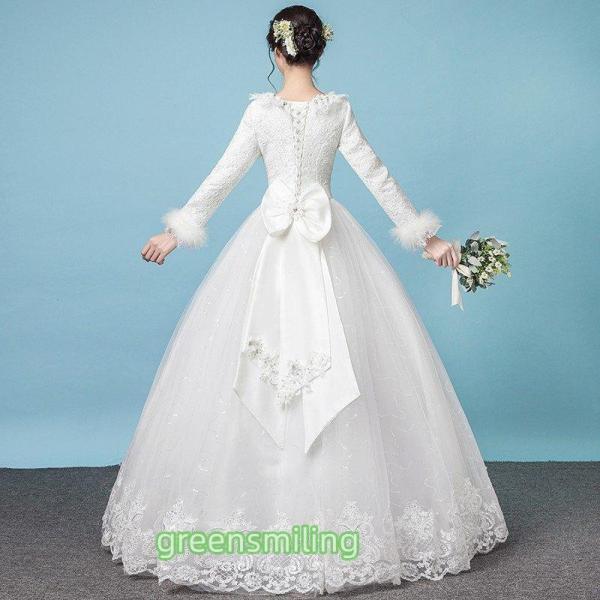 ウェディングドレス 長袖 安い 花嫁 プリンセスラインドレス  結婚式 白 ウエディングドレス ブライダル ドレス 披露宴 二次会 パーティードレス サッシュリボンの画像
