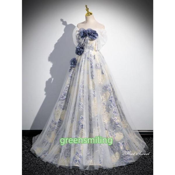 カラードレス 2Way ロングドレス パーティードレス イー 花柄 青 ウェディングドレス ウエディングドレス 結婚式 二次会 花嫁 前撮り 演奏会 発表会_4