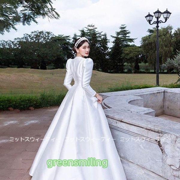 ウエディングドレス サテンドレス ホワイト 長袖 花嫁 結婚式 二次会 パーティードレス ブライダル ロング丈ドレス 披露宴 旅行 韓国挙式 ファッション 上品_1