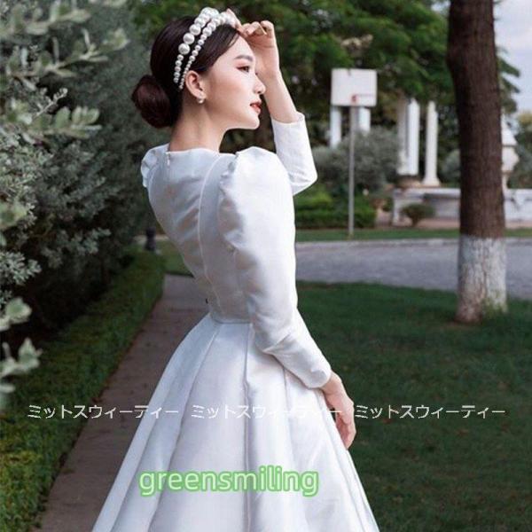ウエディングドレス サテンドレス ホワイト 長袖 花嫁 結婚式 二次会 パーティードレス ブライダル ロング丈ドレス 披露宴 旅行 韓国挙式 ファッション 上品_2
