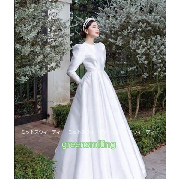 ウエディングドレス サテンドレス ホワイト 長袖 花嫁 結婚式 二次会 パーティードレス ブライダル ロング丈ドレス 披露宴 旅行 韓国挙式 ファッション 上品_5