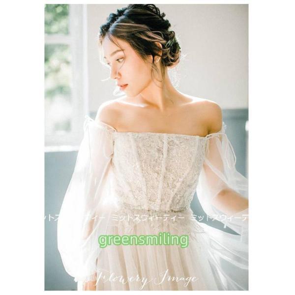 ウェディングドレス ウエディングドレス ロングドレス 結婚式 オフショルダー 二次会 花嫁 前撮りドレス オフホワイト ガーデンウェディング 披露宴 ふわふわ_4