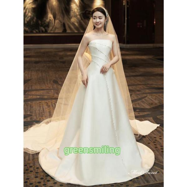 ウェディングドレス ウエディングドレス Aラインドレス ビスチェ ベアトップ サテン パールビーズ 二次会 結婚式 前撮り ブライダル 花嫁 ロングドレスの画像