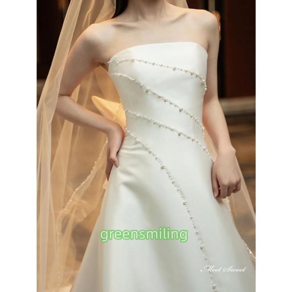 ウェディングドレス ウエディングドレス Aラインドレス ビスチェ ベアトップ サテン パールビーズ 二次会 結婚式 前撮り ブライダル 花嫁 ロングドレスの画像