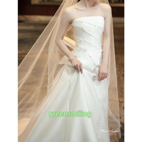 ウェディングドレス ウエディングドレス Aラインドレス ビスチェ ベアトップ サテン パールビーズ 二次会 結婚式 前撮り ブライダル 花嫁 ロングドレスの画像