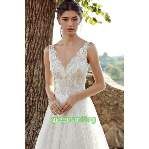 ウェディングドレス 結婚式 二次会 ホワイト 花嫁 Ａラインドレス 白ドレス ロングドレス 披露宴 Ｖカット バックレス トレーンライン レース プロムドレスの画像