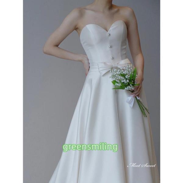 ウェディングドレス ロングドレス スレンダーライン Aラインドレス ベアトップ パールボタン 二次会 結婚式 前撮り 花嫁 ウエディングドレス ブライダルの画像