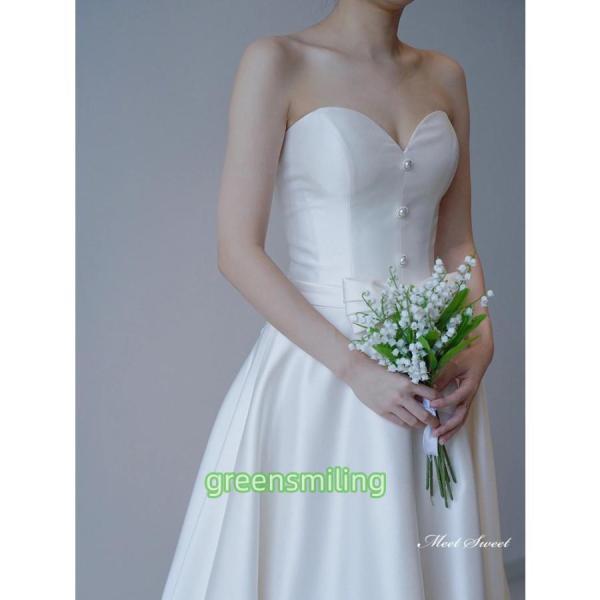 ウェディングドレス ロングドレス スレンダーライン Aラインドレス ベアトップ パールボタン 二次会 結婚式 前撮り 花嫁 ウエディングドレス ブライダルの画像