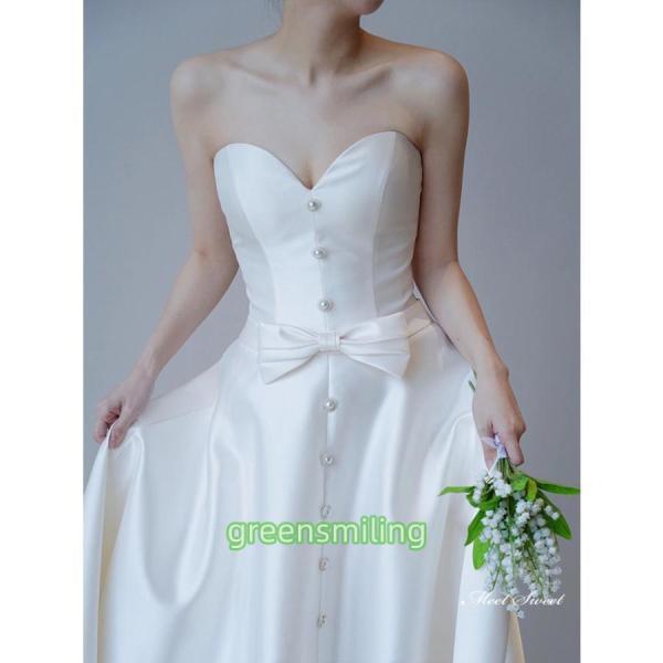ウェディングドレス ロングドレス スレンダーライン Aラインドレス ベアトップ パールボタン 二次会 結婚式 前撮り 花嫁 ウエディングドレス ブライダルの画像