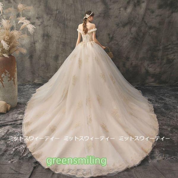 ウェディングドレス 花嫁 二次会 ウエディングドレス 結婚式 ロングドレス プリンセスライン オフショルダー ベージュ 挙式 披露宴 ブライダル 編み上げ 豪華_2