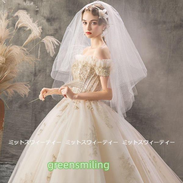 ウェディングドレス 花嫁 二次会 ウエディングドレス 結婚式 ロングドレス プリンセスライン オフショルダー ベージュ 挙式 披露宴 ブライダル 編み上げ 豪華_4