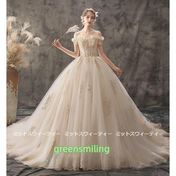 ウェディングドレス 花嫁 二次会 ウエディングドレス 結婚式 ロングドレス プリンセスライン オフショルダー ベージュ 挙式 披露宴 ブライダル 編み上げ 豪華_6