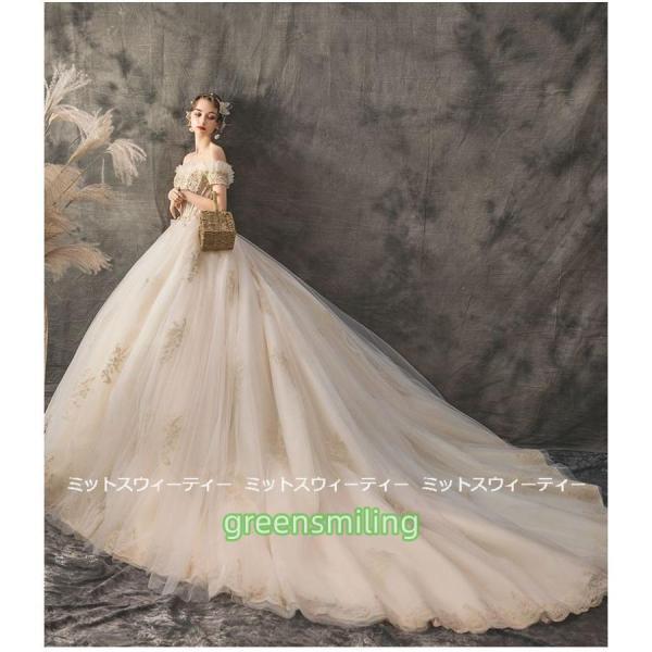 ウェディングドレス 花嫁 二次会 ウエディングドレス 結婚式 ロングドレス プリンセスライン オフショルダー ベージュ 挙式 披露宴 ブライダル 編み上げ 豪華_8