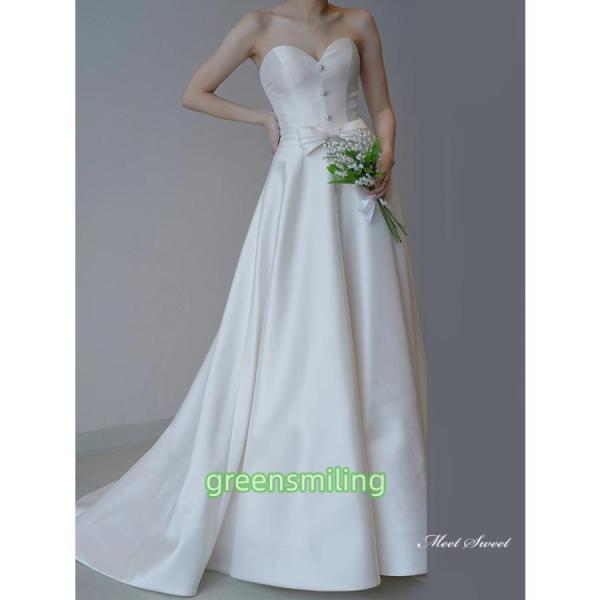 ウェディングドレス ロングドレス スレンダーライン Aラインドレス ベアトップ パールボタン 二次会 結婚式 前撮り 花嫁 ウエディングドレス ブライダル_1