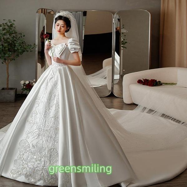 ウェディングドレス ウエディングドレス 二次会 結婚式 前撮り ブライダル ロングドレス 花嫁 プリンセスドレス プリンセスラインドレス サテン 半袖 刺繍 王道の画像