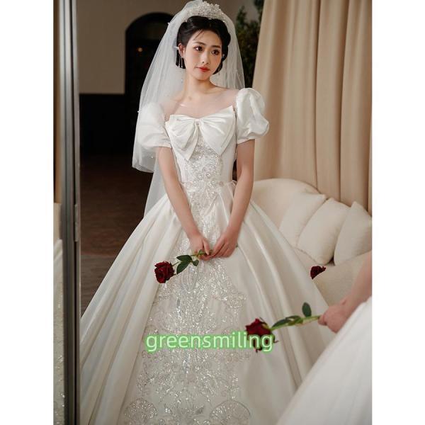 ウェディングドレス ウエディングドレス 二次会 結婚式 前撮り ブライダル ロングドレス 花嫁 プリンセスドレス プリンセスラインドレス サテン 半袖 刺繍 王道の画像