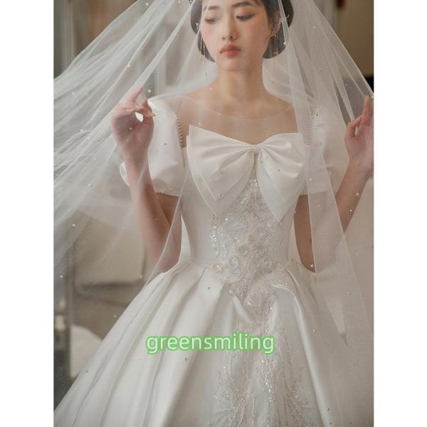 ウェディングドレス ウエディングドレス 二次会 結婚式 前撮り ブライダル ロングドレス 花嫁 プリンセスドレス プリンセスラインドレス サテン 半袖 刺繍 王道の画像