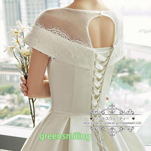 ウェディングドレス Aラインドレス サテン 床付き/トレーン 編み上げ 二次会 結婚式 ブライダル ロングドレス 前撮り 挙式 花嫁 ウエディングドレス エレガントの画像