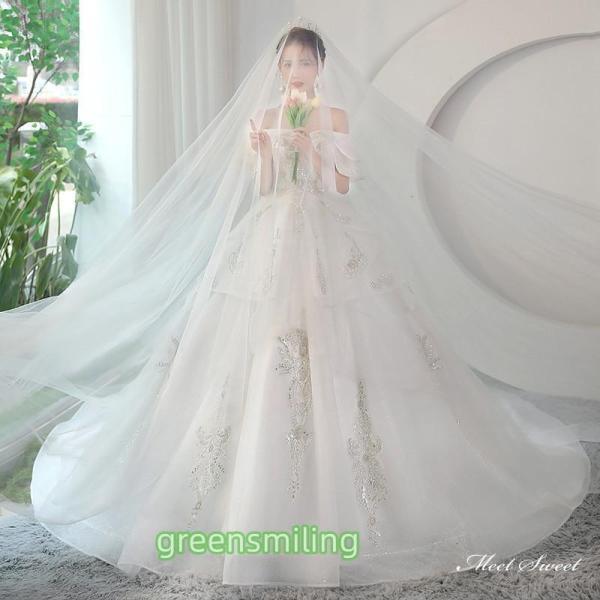 ウェディングドレス ロングドレス プリンセスドレス プリンセスラインドレス オフショルダー 二次会 結婚式 前撮り 花嫁 ウエディングドレス ブライダル_1