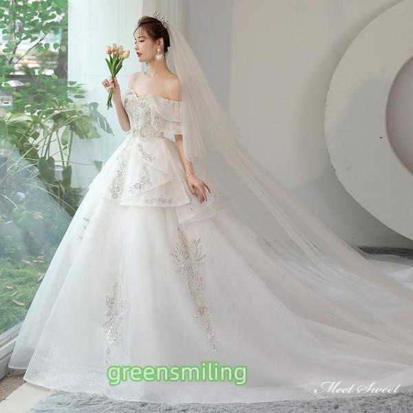 ウェディングドレス ロングドレス プリンセスドレス プリンセスラインドレス オフショルダー 二次会 結婚式 前撮り 花嫁 ウエディングドレス ブライダル_2