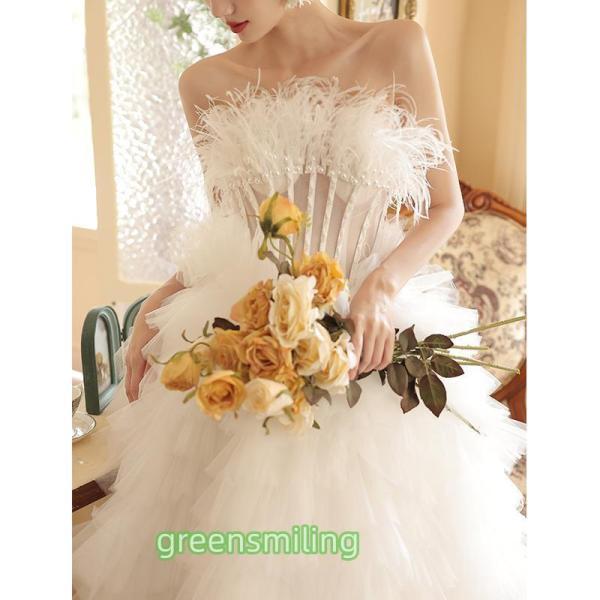 ウェディングドレス ロングドレス プリンセスラインドレス フリル Aラインドレス ベアトップ 二次会 結婚式 前撮り 花嫁 ウエディングドレス ブライダル_2