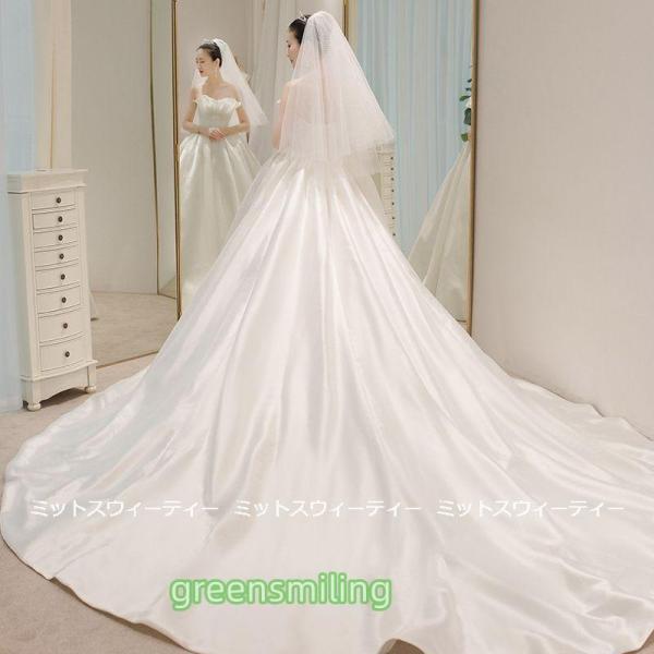 ウェディングドレス 花嫁 二次会 ウエディングドレス 結婚式 ロングドレス Aライン サテン ビスチェ ベアトップ 前撮り 披露宴 シンプル ブライダル トレーンの画像