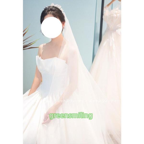 ウェディングドレス 花嫁 二次会 ウエディングドレス 結婚式 ロングドレス Aライン サテン ビスチェ ベアトップ 前撮り 披露宴 シンプル ブライダル トレーンの画像