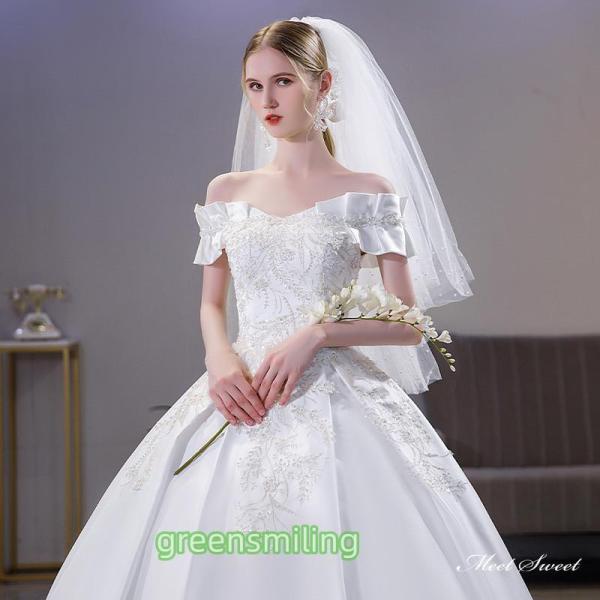 ウェディングドレス ロングドレス プリンセスラインドレス オフショルダー 二次会 結婚式 前撮り 花嫁 ウエディングドレス サテン 挙式 ブライダル