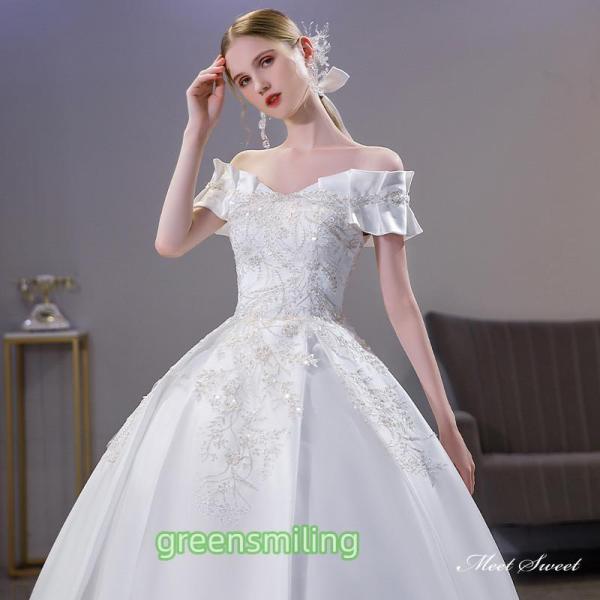 ウェディングドレス ロングドレス プリンセスラインドレス オフショルダー 二次会 結婚式 前撮り 花嫁 ウエディングドレス サテン 挙式 ブライダル