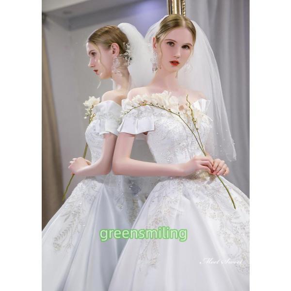 ウェディングドレス ロングドレス プリンセスラインドレス オフショルダー 二次会 結婚式 前撮り 花嫁 ウエディングドレス サテン 挙式 ブライダル