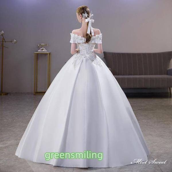ウェディングドレス ロングドレス プリンセスラインドレス オフショルダー 二次会 結婚式 前撮り 花嫁 ウエディングドレス サテン 挙式 ブライダル