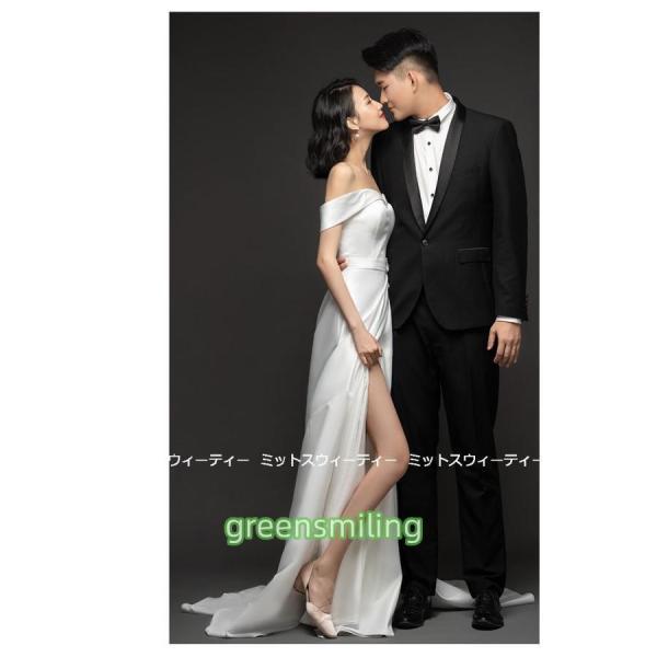 ウェディングドレス ロングドレス Aラインドレス オフショルダー 結婚式 ウエディングドレス 二次会 花嫁 前撮り サテン シンプル リゾートドレス ワンピースの画像