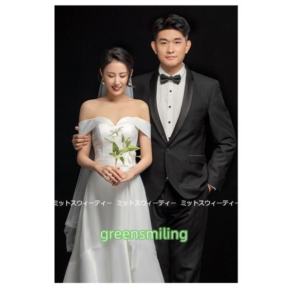 ウェディングドレス ロングドレス Aラインドレス オフショルダー 結婚式 ウエディングドレス 二次会 花嫁 前撮り サテン シンプル リゾートドレス ワンピースの画像