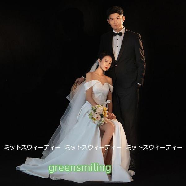 ウェディングドレス ロングドレス Aラインドレス オフショルダー 結婚式 ウエディングドレス 二次会 花嫁 前撮り サテン シンプル リゾートドレス ワンピースの画像