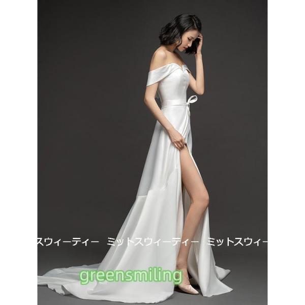 ウェディングドレス ロングドレス Aラインドレス オフショルダー 結婚式 ウエディングドレス 二次会 花嫁 前撮り サテン シンプル リゾートドレス ワンピースの画像