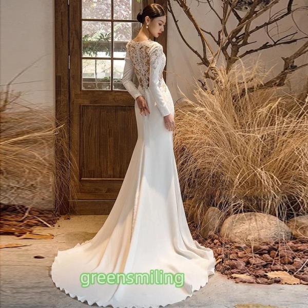 ウェディングドレス ウエディングドレス 二次会 結婚式 前撮り ブライダル ロングドレス 花嫁 スレンダードレス マーメイドドレス 白 サテン 長袖 ファスナーの画像