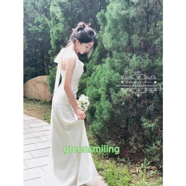 ウェディングドレス ウエディングドレス 結婚式 二次会 花嫁 披露宴 前撮り スリット サテン ホルターネック リボン オフホワイト ボレロ ノースリーブ おしゃれ_11