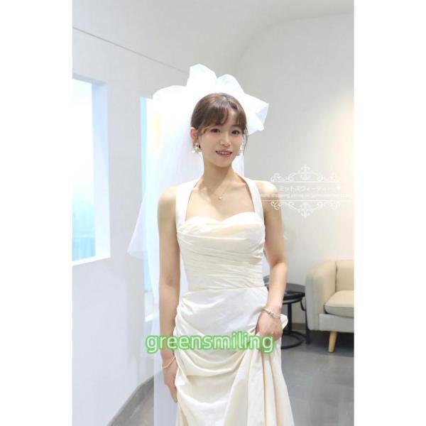 ウェディングドレス ウエディングドレス 結婚式 二次会 花嫁 披露宴 前撮り スリット サテン ホルターネック リボン オフホワイト ボレロ ノースリーブ おしゃれ_16