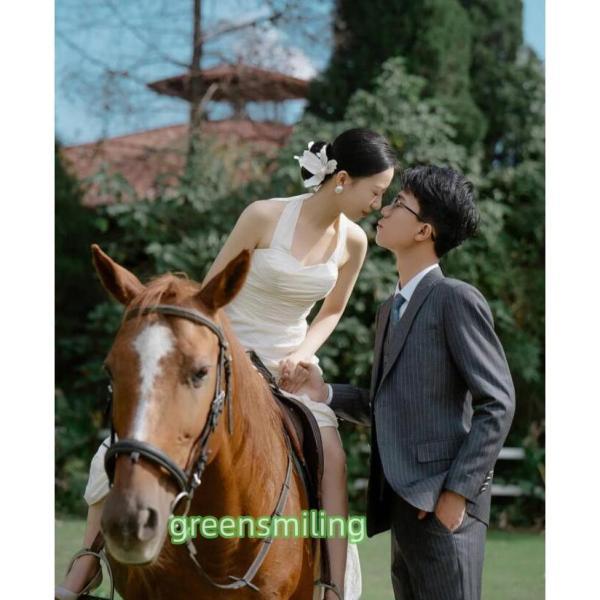 ウェディングドレス ウエディングドレス 結婚式 二次会 花嫁 披露宴 前撮り スリット サテン ホルターネック リボン オフホワイト ボレロ ノースリーブ おしゃれ_9