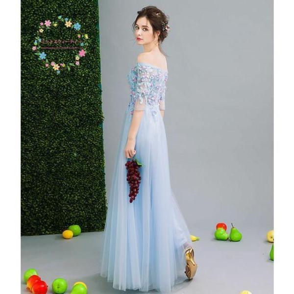 ウェディングドレス カラードレス 水色 袖あり 演奏会 結婚式 発表会 ロングドレス オフショルダー 披露宴 ウェディング プリンセス 二次会 ステージ 結婚式の画像