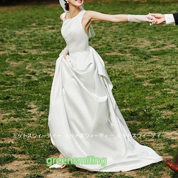 ウェディングドレス ロングドレス 結婚式 ウエディングドレス ガーデンウェディング 二次会 花嫁 前撮り サテン ホワイト シンプル リゾートドレス ワンピースの画像