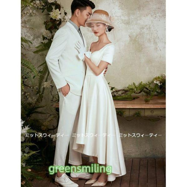 ウェディングドレス 花嫁 二次会 ウエディングドレス 結婚式 ミモレ丈ドレス Aライン サテン 前撮り 披露宴 ブライダル ファスナー シンプル 普段着 リゾート婚_4