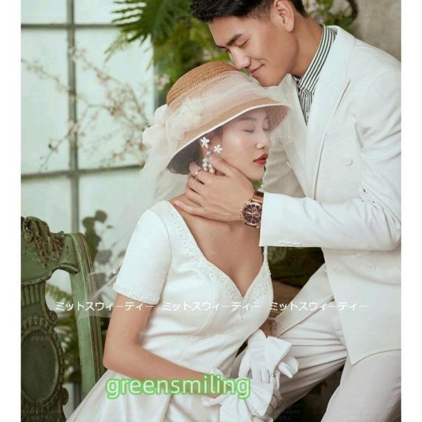 ウェディングドレス 花嫁 二次会 ウエディングドレス 結婚式 ミモレ丈ドレス Aライン サテン 前撮り 披露宴 ブライダル ファスナー シンプル 普段着 リゾート婚_6