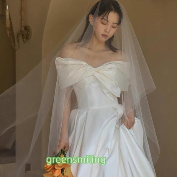 ウェディングドレス ウエディングドレス 二次会 2.5次会 結婚式 披露宴 前撮り 後撮り ブライダル ロングドレス 花嫁 Aラインドレス サテン 白 オフショルダーの画像