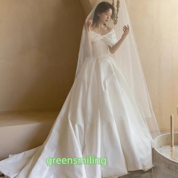 ウェディングドレス ウエディングドレス 二次会 2.5次会 結婚式 披露宴 前撮り 後撮り ブライダル ロングドレス 花嫁 Aラインドレス サテン 白 オフショルダーの画像